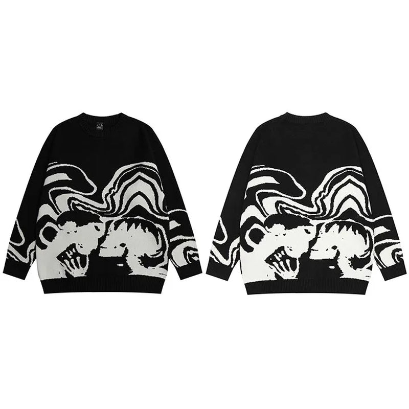 2025 Men Streetwear Sweater Retro Painting Skull Graphic Hip Hop Knitted Sweater Vintage Pullover Casual Wool Sweater Hipster