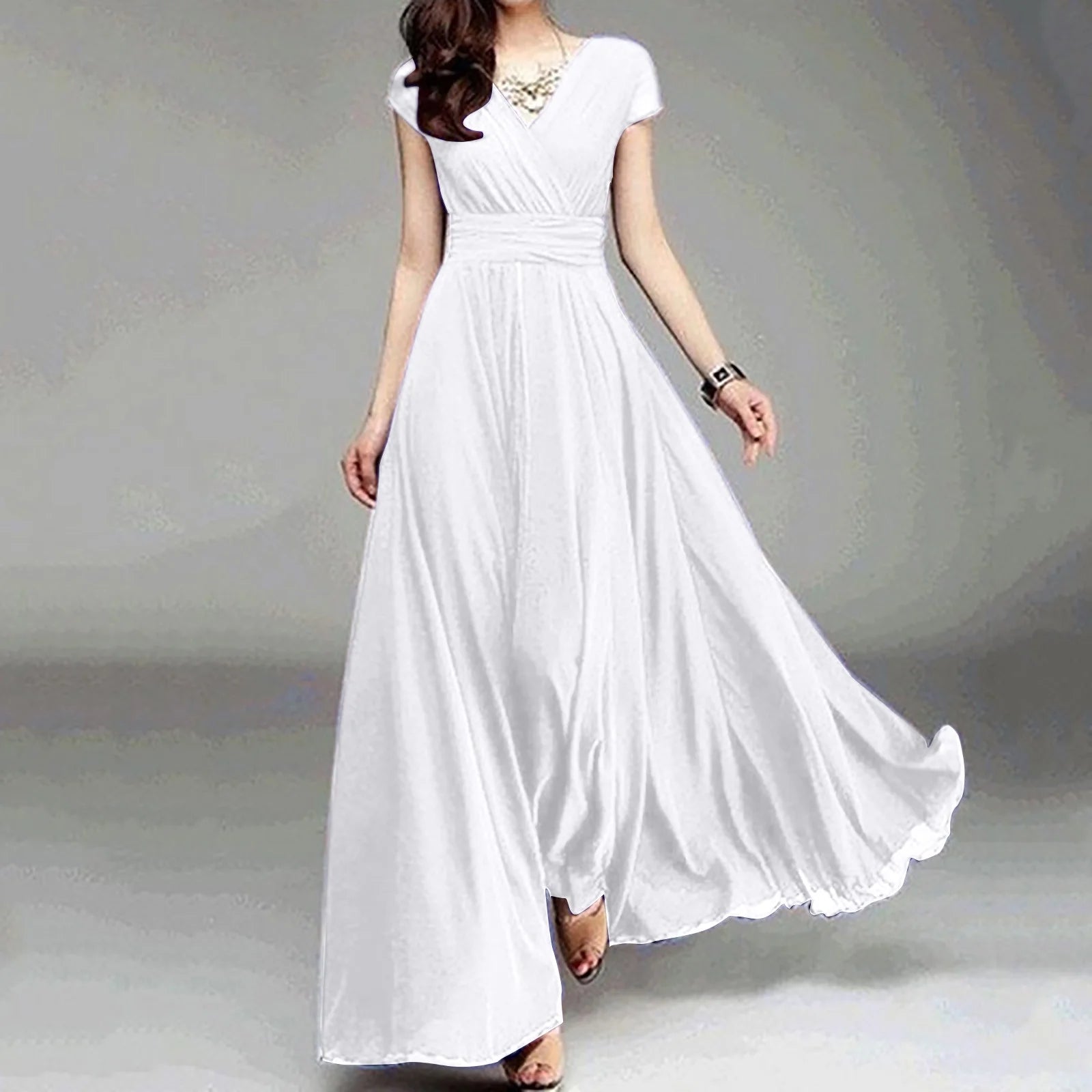 Summer Dresses for Women Women'S V-Necksolid Color Short Sleeve Chiffon Waist Closing Evening Dress
