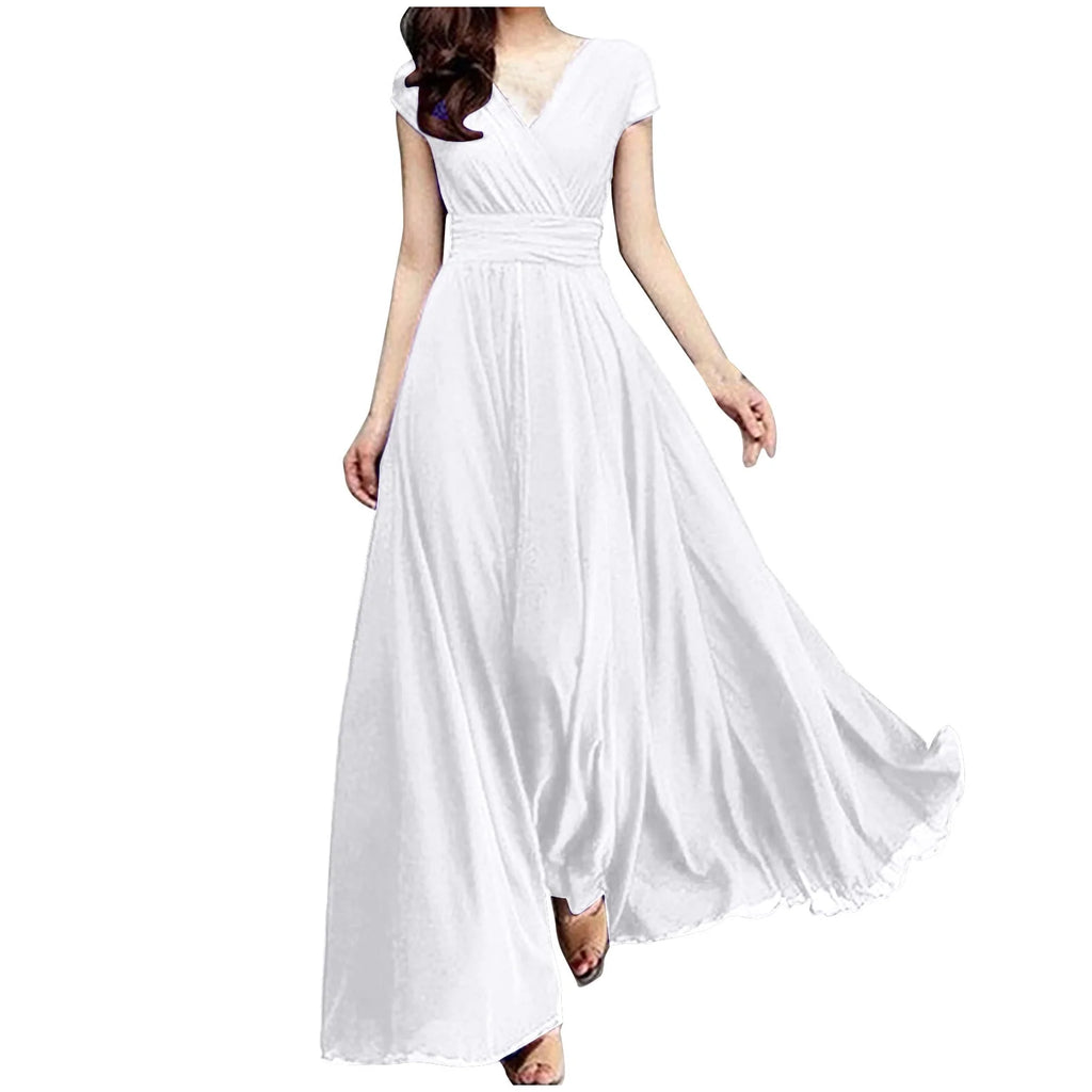 Summer Dresses for Women Women'S V-Necksolid Color Short Sleeve Chiffon Waist Closing Evening Dress