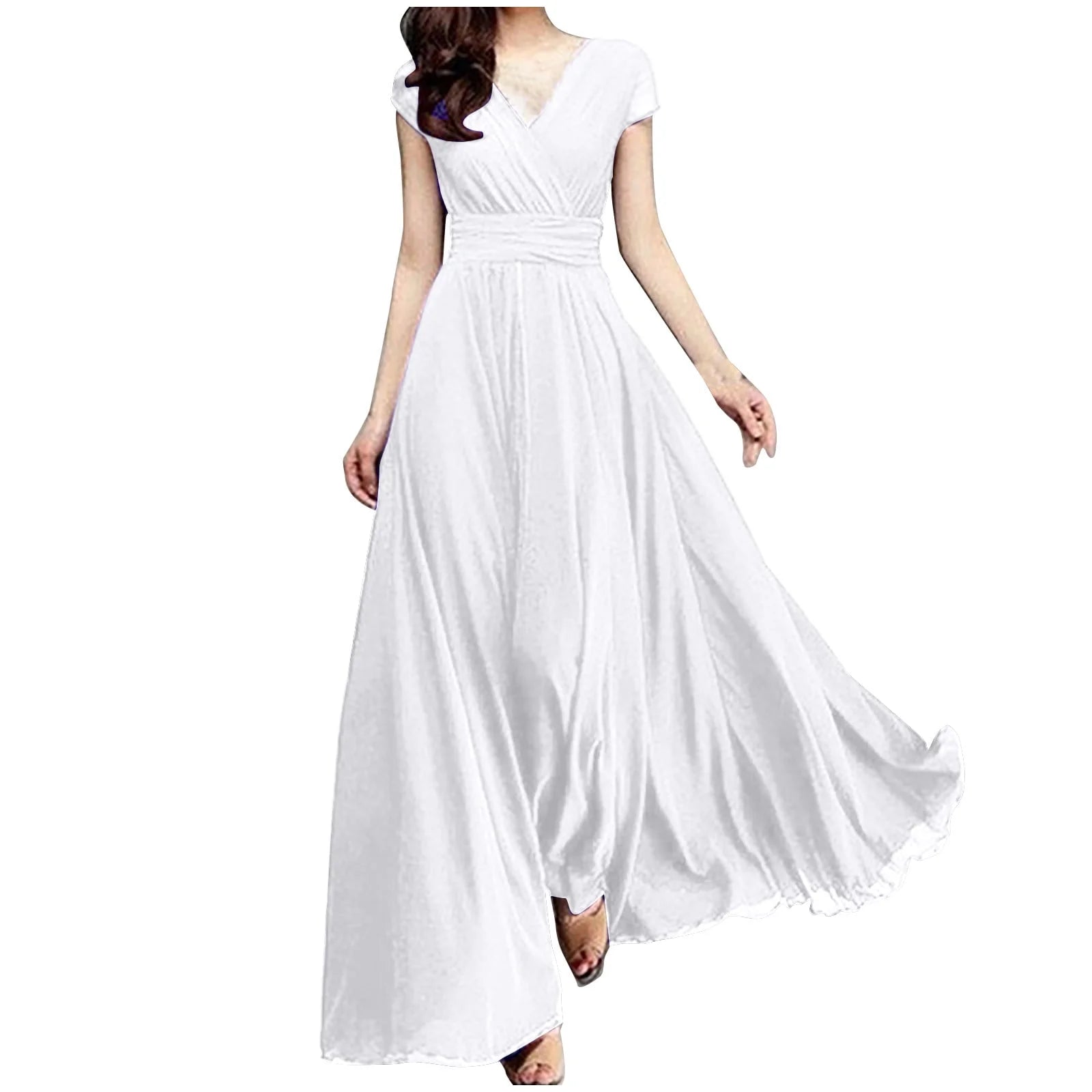 Summer Dresses for Women Women'S V-Necksolid Color Short Sleeve Chiffon Waist Closing Evening Dress