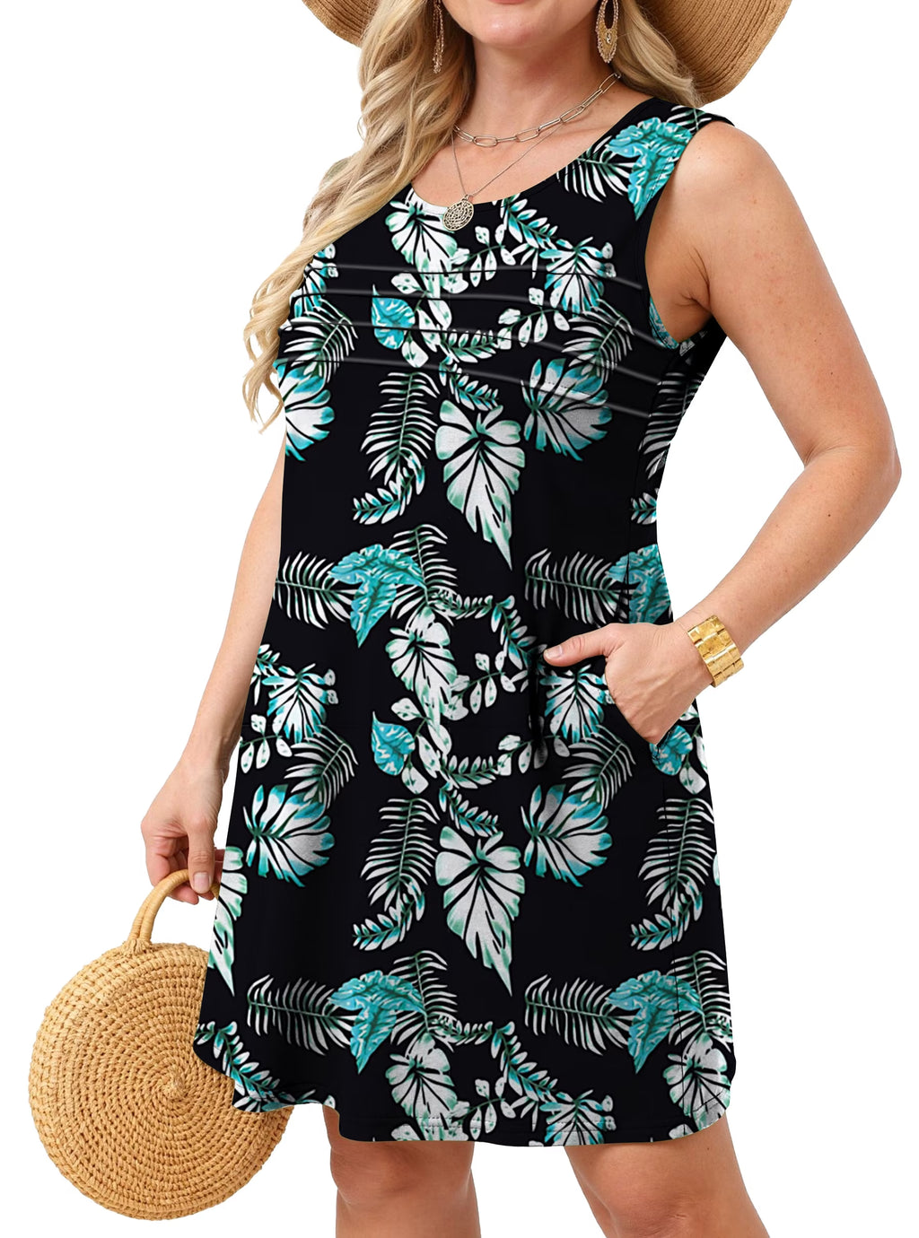 Pleated Tank Dresses for Women Fashion Summer Sleeveless Sundress Casual Beach Dress with Pockets