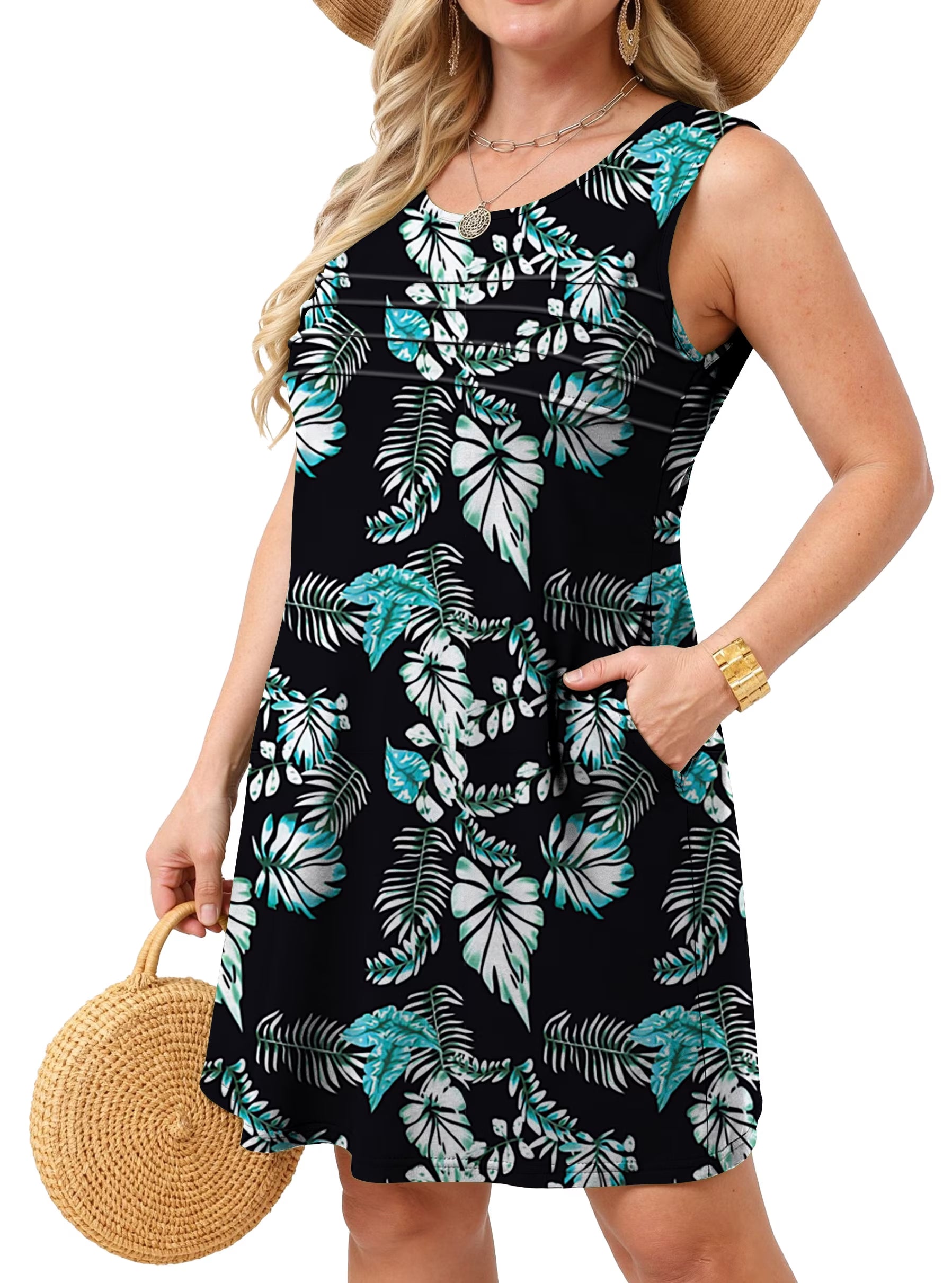 Pleated Tank Dresses for Women Fashion Summer Sleeveless Sundress Casual Beach Dress with Pockets