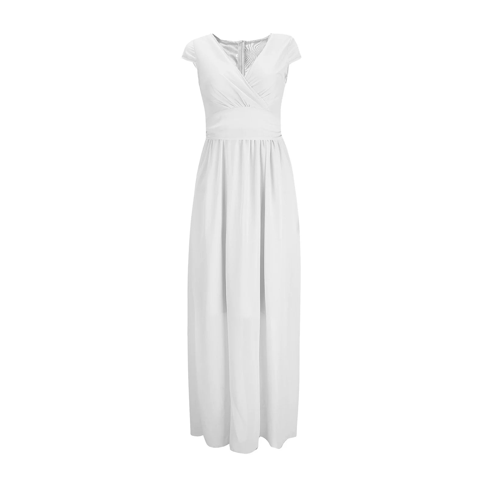 Summer Dresses for Women Women'S V-Necksolid Color Short Sleeve Chiffon Waist Closing Evening Dress