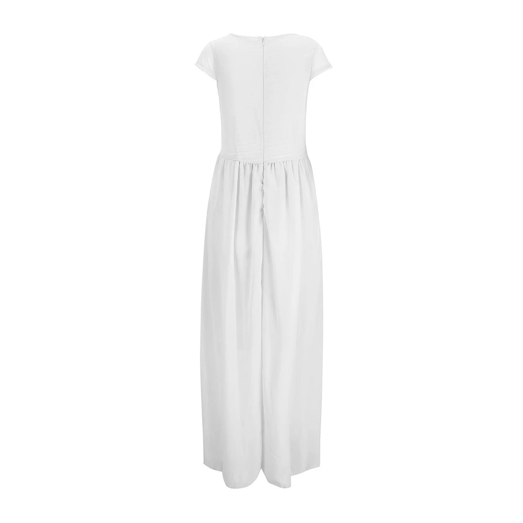 Summer Dresses for Women Women'S V-Necksolid Color Short Sleeve Chiffon Waist Closing Evening Dress