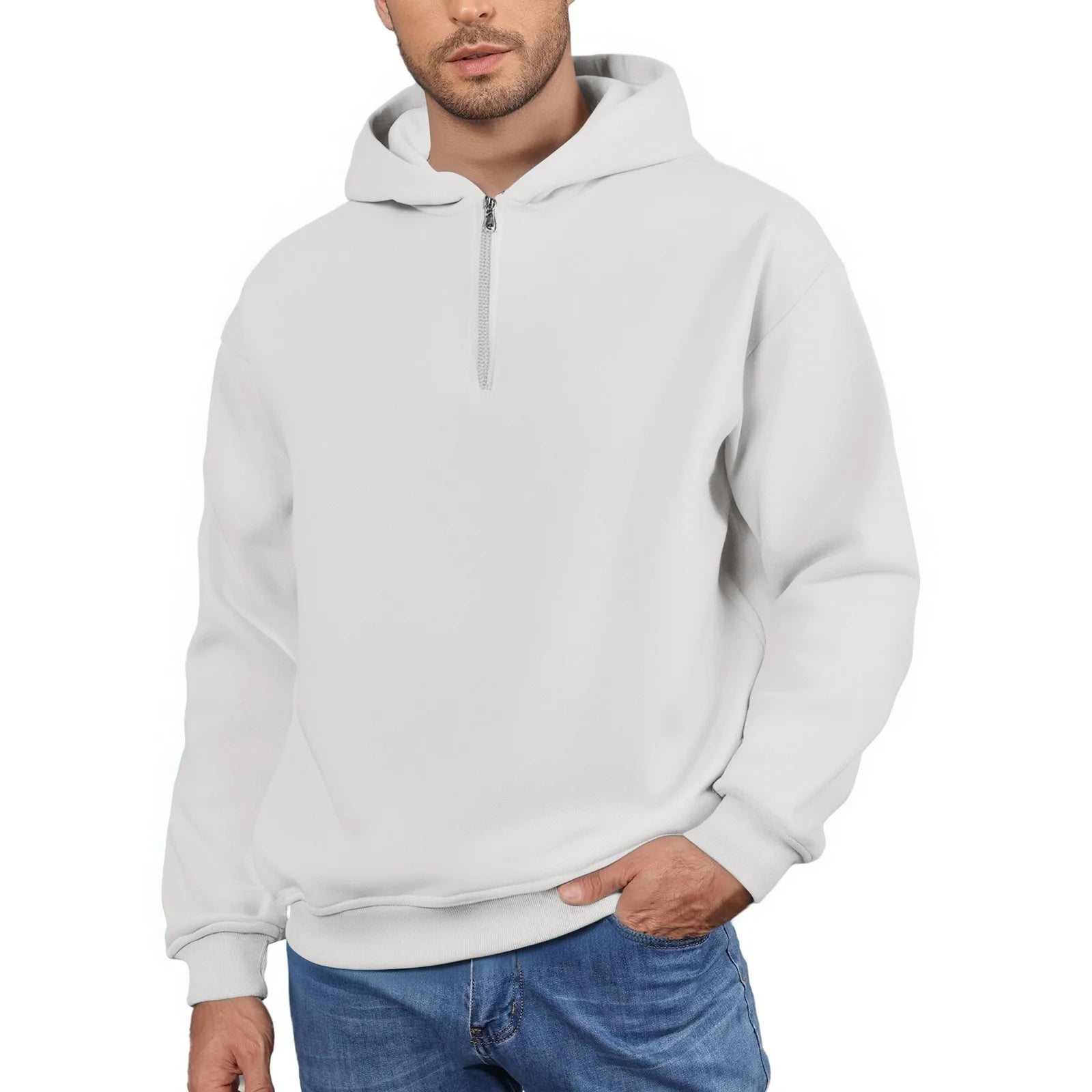 Men'S Quarter Zip Hoodies Zip up Solid Color Hoodie Long Sleeve Drop Shoulder Sweatshirt Casual Pullover White XL